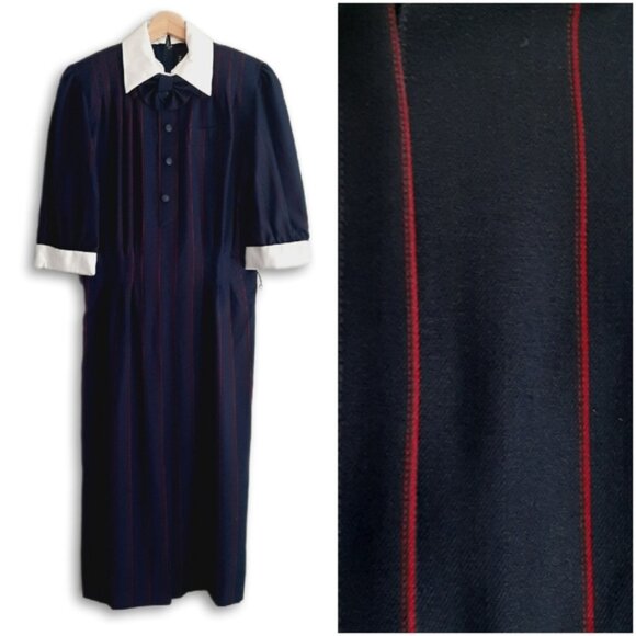 NINA RICCI Retro Maxi Length Long Pin-Stripe Dress White Collar Navy Blue Sz 12 - Picture 1 of 16